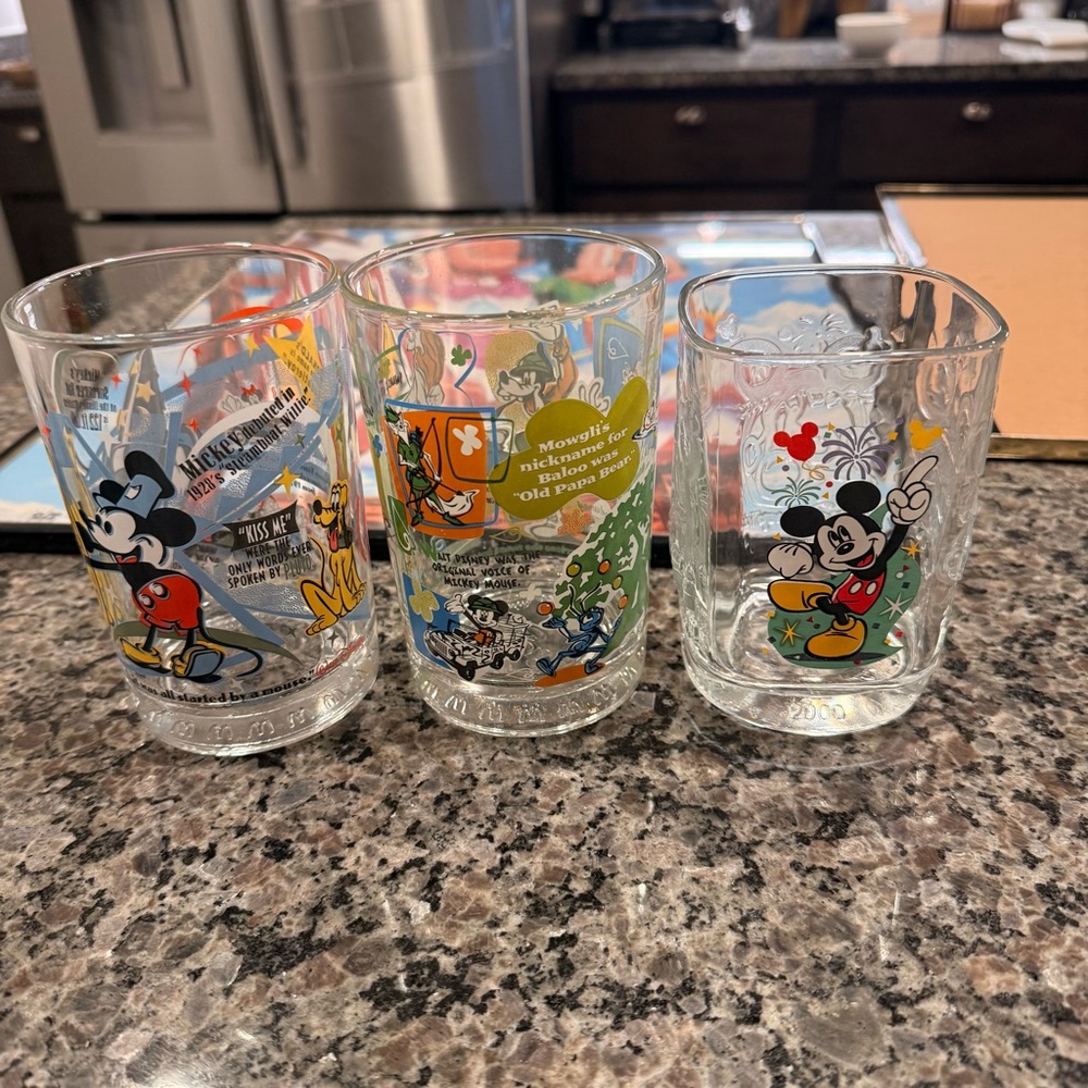 Vintage Disney Colorful Mickey Mouse Glass Trio